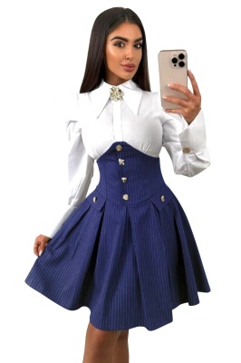 rochie tip camasa cu partea inferioara in dungi si pense bleumarin