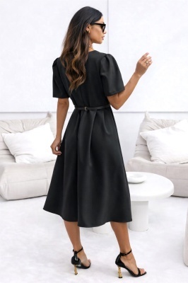 Rochie office ZALIA, croi bufant si curea subtire, Negru, Marimea S/M detaliu spate