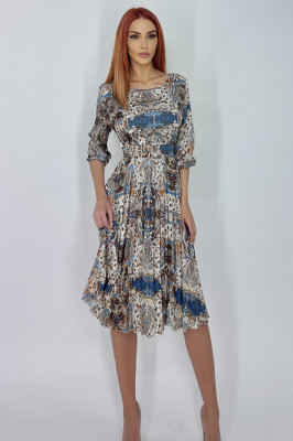 Rochie plisata Fantasy, cu maneca trei sferturi si curea in talie, Gold1