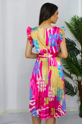 Rochie plisata Liliana, cu maneca scurta si volanase, Pink Fussion, Marime universala S/M3