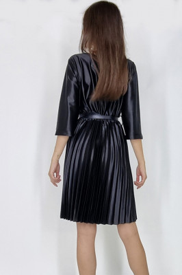 Rochie midi Glossy, cu efect plisat si curea inclusa, Negru3