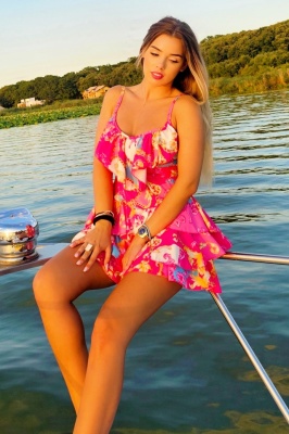 Rochie scurta AUGUSTina Print, cu imprimeu si volane asimetrice, Fucsia Baroness, Marime S/M 2