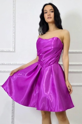 Rochie scurta babydoll Zafira, croiala de ocazie cu reflexii lucioase, Violet magenta
