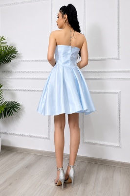 Rochie scurta babydoll Zafira, croiala de ocazie cu reflexii lucioase, Blue detaliu spate