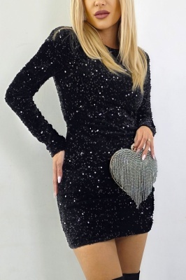 Rochie scurta de ocazie, SASSY, cu paiete si funda, Negru, Marime S/M