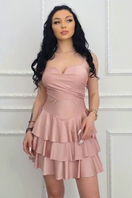 rochie roz dama eleganta cu decolteu in V si bretele subtiri