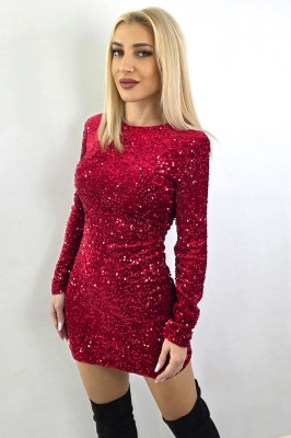 Rochie scurta pentru evenimente, SASSY, cu paiete si funda, Rosu, Marime universala