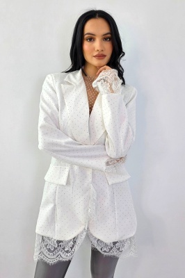 Rochie scurta sacou IMPERYA, garnituri din dantela si cristale, Alb, Marime S/M