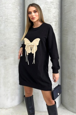 Rochie sport Alexandra, cu imprimeu fluture in relief, Negru