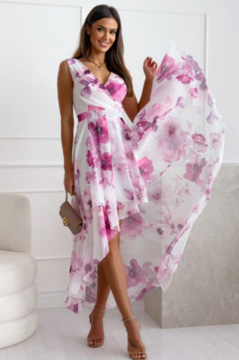 Rochie vaporoasa de vara Giuliana, chiffon, asimetrica si imprimeu pastel, Alb/Fucsia, Marime S/M