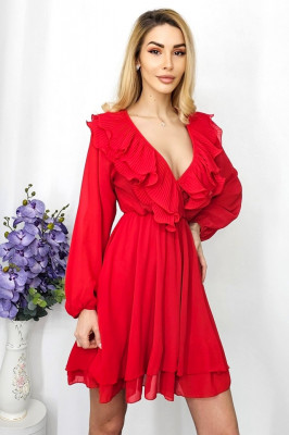 Rochie vaporoasa Theea, cu volane plisate si maneci lungi usor bufante, Rosu, Marime universala S/M2