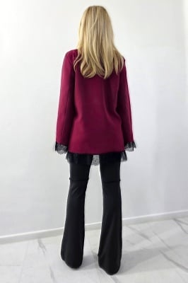 Sacou subtire, lung ELVIA, cu dantela si buzunare decorative, Burgundy, Marime S/M detaliu spate