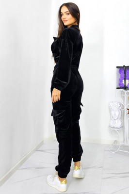 Salopeta din catifea Ximena, cu snur in talie si buzunare oversize, Negru 4