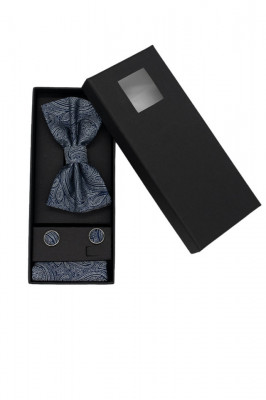 Set 3 piese Mistery, pentru barbati, papion, buton si batista din stofa, gri, M1