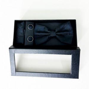 Set 3 piese Mistery, pentru barbati, papion, butoni si batista din stofa, negru cu imprimeu 1