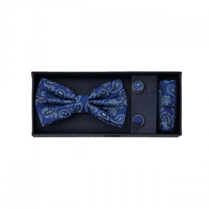 Set 3 piese Mistery, pentru barbati, papion, butoni si batista din stofa, albastru cu imprimeu bleumarin deschis, MS105