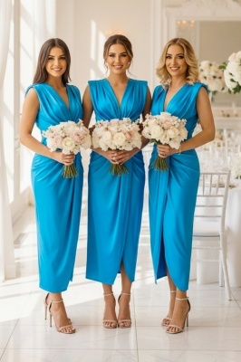 Set 3x Rochie lunga satinata Ilaria, din colectia domnisoare de onoare, Albastru baby blue, Marime S/M