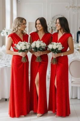 Set 5x Rochie de ocazie decoltata JHOSY, cu paiete, Rosu, Marime S/M