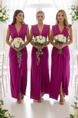 Set 5x Rochie lunga satinata Ilaria, cu croiala conica, Fucsia, Marime S/M
