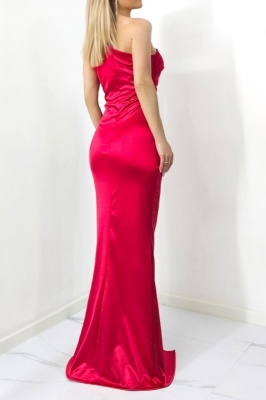 Rochie satinata de domnisoara de onoare, JoeLLe, cu detaliu floral si umarul gol, Rosu, Marime S/M detaliu spate