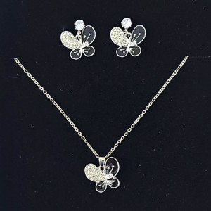 Set accesorii Feeling, din inox, cu cercei forma fluture, lantisor si pandativ cu cristale, in cutie eleganta, Argintiu 1