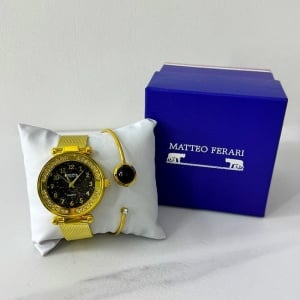 Set ceas elegant dama Francesca di Geneva Matteo, cu bratara asortata, Gold/Negru