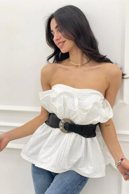 Camasa crop-top Rouche, cu aspect plisat, croi banda tip corset si curea inclusa, Marime universala