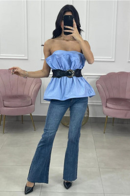 Camasa crop-top Rouche, cu aspect plisat, croi banda tip corset si curea inclusa, Marime universala 3