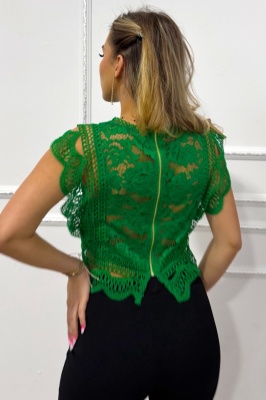 Top elegant din dantela Ryna, cu fermoar la spate si fara maneci, Verde verso