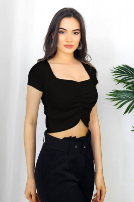 Top scurt Dao, cu efect drapat si decolteu amplu, Negru, Masura universala S/M2