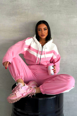 Trening bumbac Cerasela, imprimeu bicolor, bluza scurta cu fermoar si pantaloni, Roz 1