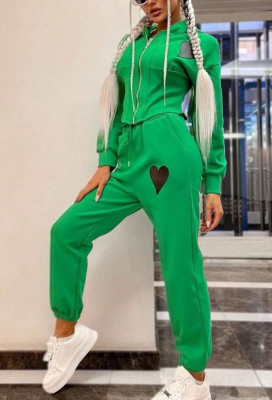 Trening dama Heartbeat, pantaloni si hanorac scurt, cu imprimeu discret, Verde1