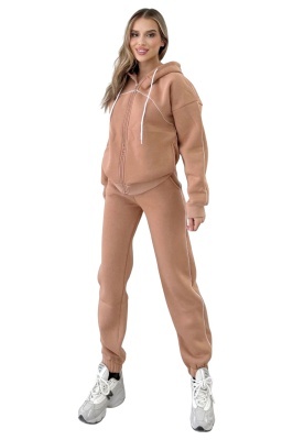Trening vatuit cu fermoar, Zarah, bluza cu gluga si pantaloni, Bej