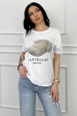 Tricou de dama din bumbac, Lumiberet cu pietre si imprimeu, Alb