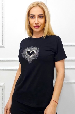 Tricou de dama imprimat AMOO, cu cristale artizanale mari, Rays Heart Negru