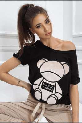 Tricou Kyra, cu imprimeu "ursulet" , Negru