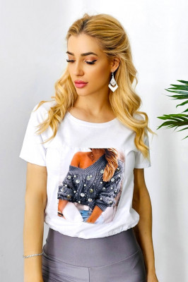 Tricou scurt Owen, cu imprimeu si snur in talie, Alb1