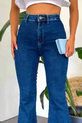 Blugi dama Merida, cu super elastan si lungime oversize evazata, Albastru inchis 2