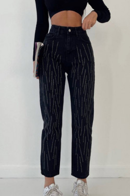Blugi dama Pierre, momfit, cu talie inalta si strasuri aplicate, Negru 1