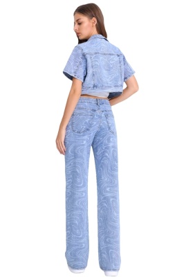 Blugi de dama Phoenix Wave, croiala relaxed fit, cu imprimeu geometric, Albastru   detaliu spate