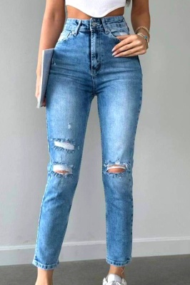 Blugi elastici dama LERDO, croiala mom slimfit cu perforatii, Albastru deschis 3