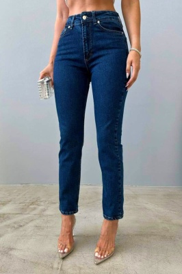 Blugi mom fit Acapulco, cu talie inalta si usor elastici, Albastru indigo 2