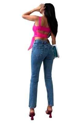 Blugi mom fit Acapulco, cu talie inalta si usor elastici, Albastru deschis 2