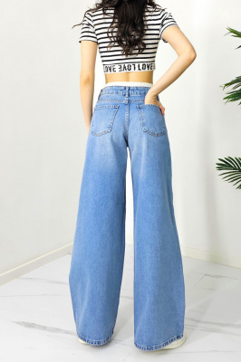 Blugi mom fit Qatar, cu banda elastica in talie si aspect prespalat, Albastru deschis spate