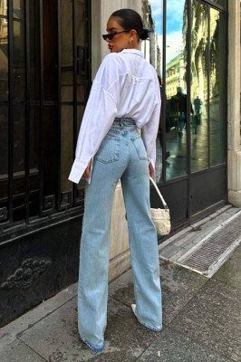 Blugi mom fit Austin, cu franjuri si talie inalta spate