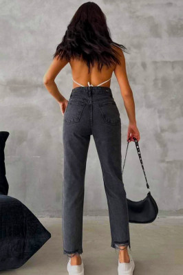 Blugi mom slimfit Colombo, cu perforatii la baza piciorului si talie inalta  spate