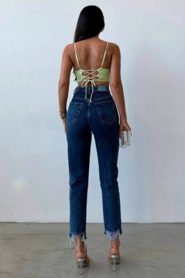 Blugi mom slimfit Colombo, cu perforatii la baza piciorului si talie inalta, Albastru denim 2