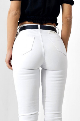 Blugi skinny DARY, cu talie inalta, curea si perforatii pe linia piciorului, Alb 2
