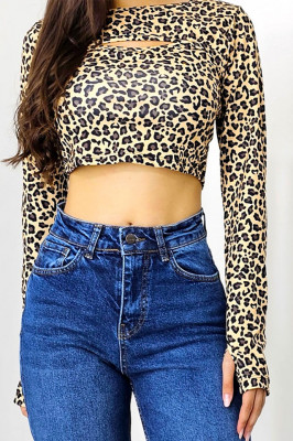Bluza crop Sienna, cu decolteu decupat si maneca cu fenta/deget, Animal print1