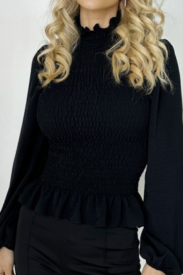 Bluza eleganta Cadence, cu tesatura vaporoasa, guler cu volanase si fronseuri, Negru, Masura universala S/M2